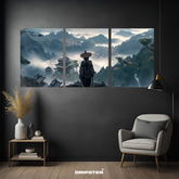 Chinese warrior wall poster by Dripster showing a lone warrior overlooking misty mountains and ancient temples